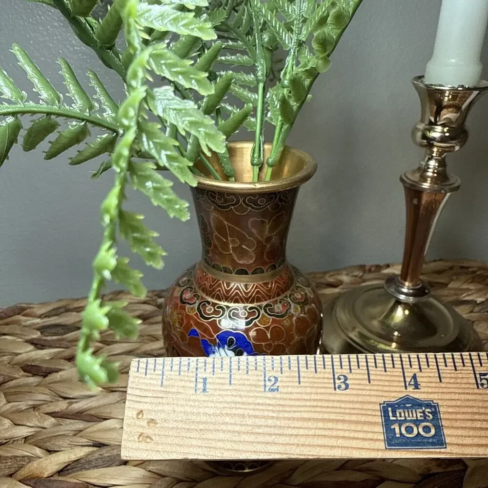 Vintage Chinese Cloisonne Vase Brass Enamel Floral Chinoiserie 6” Asian Decor